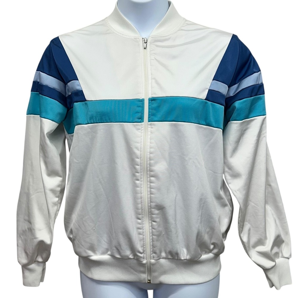 Vintage Rene de France Jacket Mens Large White‎ Blue Colorblock Track Zip 80s